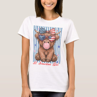 Camiseta Linda Vaca das Terras Altas dos EUA Patriótica Fem