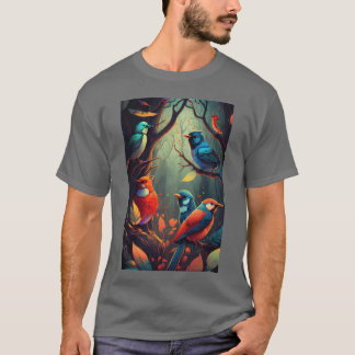 Camiseta Lindas Aves Coloridas Ilustração Trabalho de arte