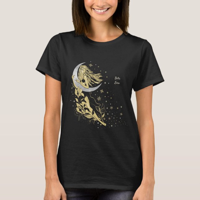 Camiseta Lindas estrelas da lua ilustração de arte feminina (Frente)