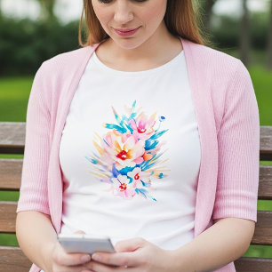 Camiseta Lindas flores em aquarela rosa e azul