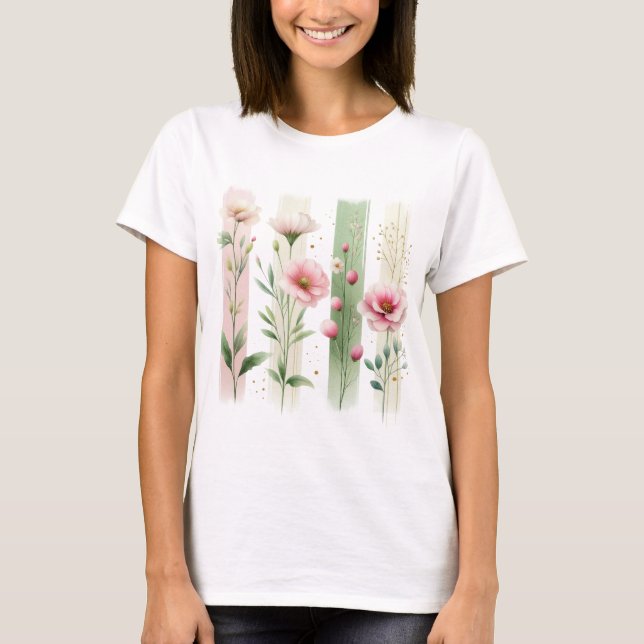 CAMISETA LINDAS FLORES SILVESTRES PASTEL ROSA E VERDE (Frente)