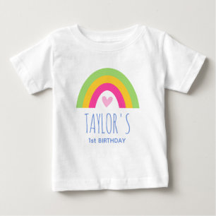 Camiseta Lindo Aniversário de 1 Ano Arco-íris Nome Personal