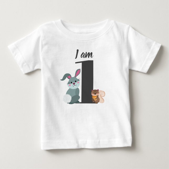 Camiseta Lindo aniversário de 1 ano Esquilo Coelho (Frente)