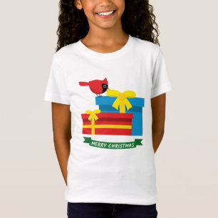 Camiseta Lindo Cardinal Vermelho Abrindo um Presente Azul