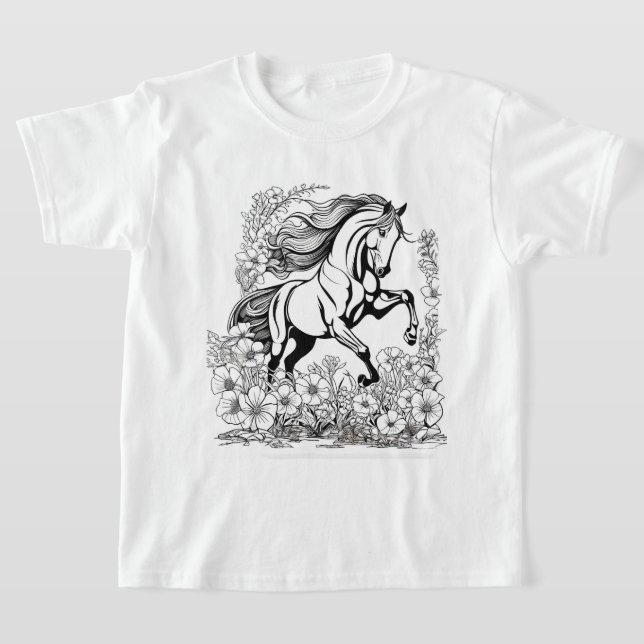 Camiseta Lindo Cavalo de Criação & Flores Pintam uma  (Postura )