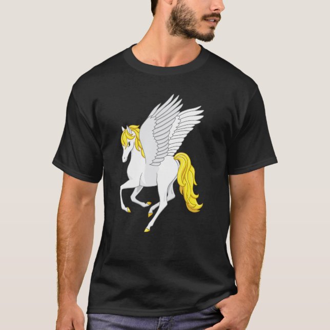 Camiseta Lindo Cavalo Voador Pegasus Branco Amarelo (Frente)