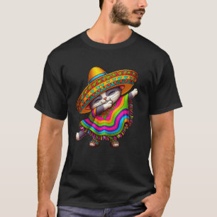 Camiseta Lindo Feliz Festa Gato Mexicano Com Poncho Dabbing