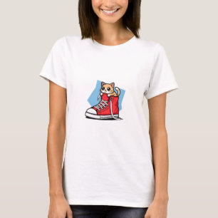 Camiseta Lindo Gatinho Ruivo Espiando de um S Tênis Vermelh