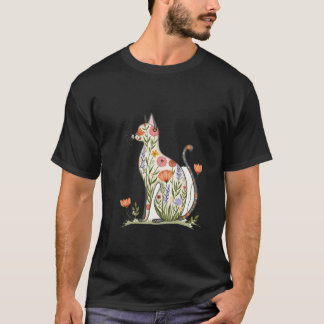 Camiseta Lindo Gato de Silhueta Floral