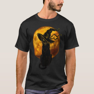 Camiseta Lindo Gato Preto de Halloween com Chapéu de Bruxa