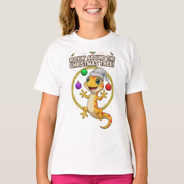 Camiseta Lindo Gecko de Natal – Dançando em Volta da Árvore (Frente)