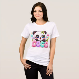 Camiseta Lindo Kawaii Coco Panda Nome Pastel Rosa Brilhante