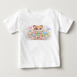 Camiseta Lindo Kawaii Desejos Felicidades Gato Rosa Pastel