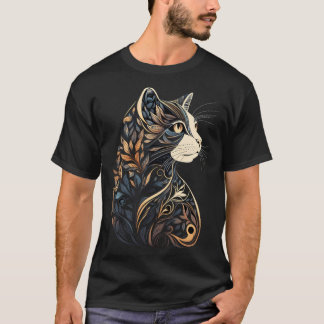 Camiseta Lindo Padrão Floral de Gato Azul e Bege Marrom Cla