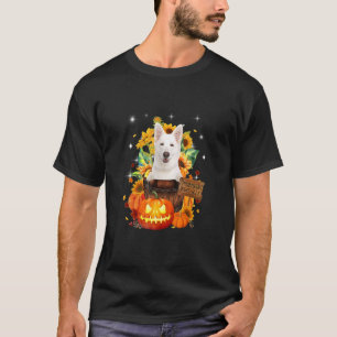 Camiseta Lindo Pastor Alemão Branco em Abóboras Halloween O
