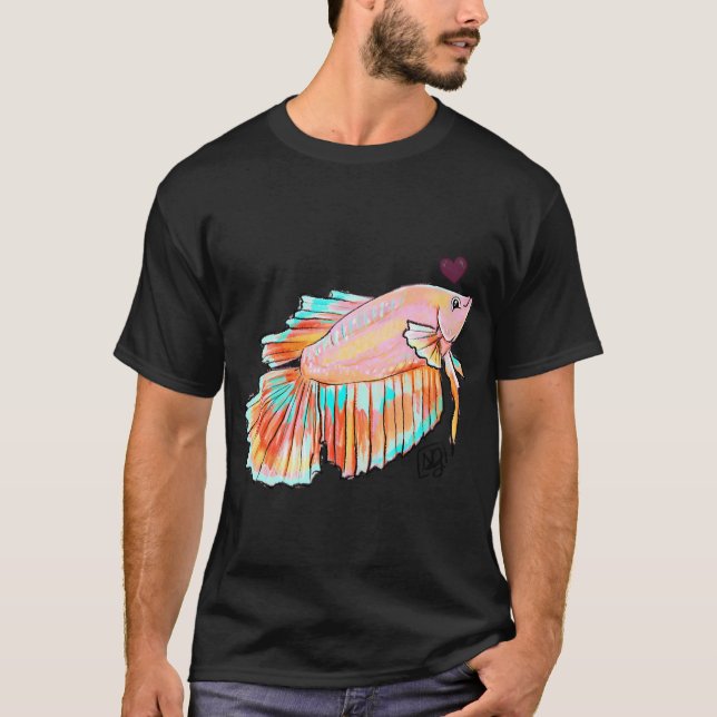 Camiseta Lindo peixe-betta rosa de barbatanas longas (Frente)
