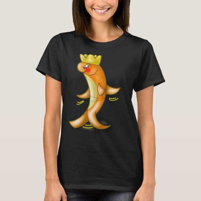 Camiseta Lindo Peixe Laranja Kawaii Dançando Com Coroa (Frente)