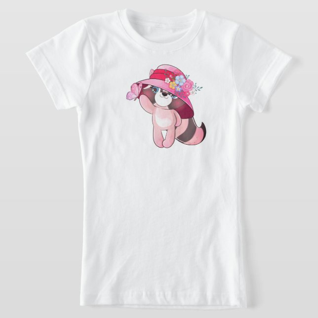 Camiseta Lindo Pequeno Mapache com Ilustração de Borboleta  (Postura )