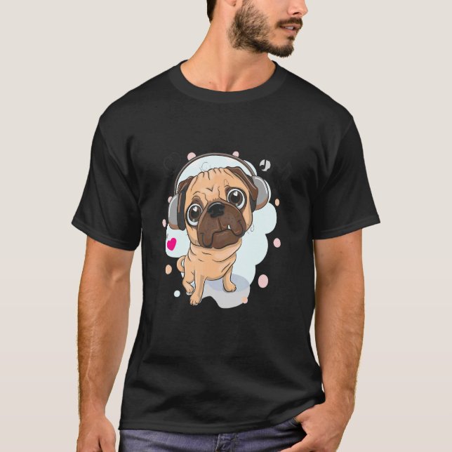 Camiseta Lindo Pug Com Fones de Ouvido Dono de Pug Cachorro (Frente)