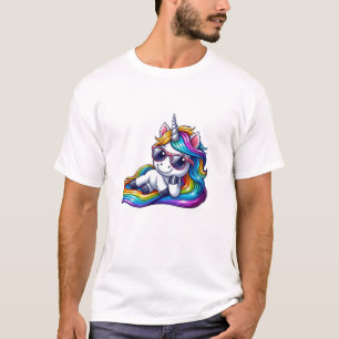 Camiseta Lindo Unicórnio Arco-Íris com Óculos de Sol Relaxa