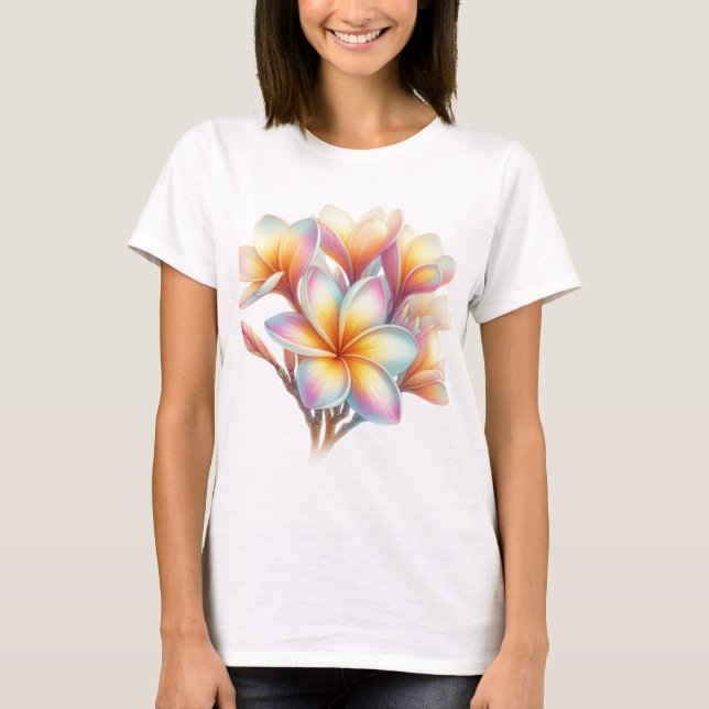 CAMISETA LINDOS FLORES DE PLUMERIA PASTEL DE VERÃO (Frente)