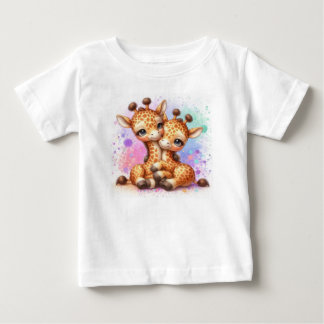 Camiseta Lindos Girafas Gêmeos Aquarela Abraçando Crianças