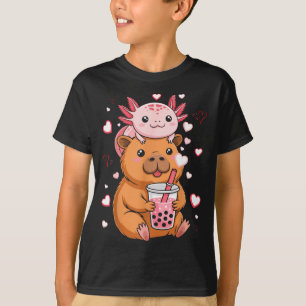 Camiseta Lindos Kawaii Axolotl Capybara Chá com Bolhas Meni