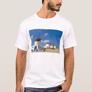 Camiseta Lindos moinhos de vento na ilha de Mykonos,