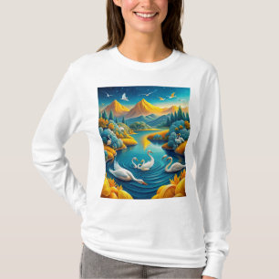Camiseta . Lindos nadadores brancos nadando no lago