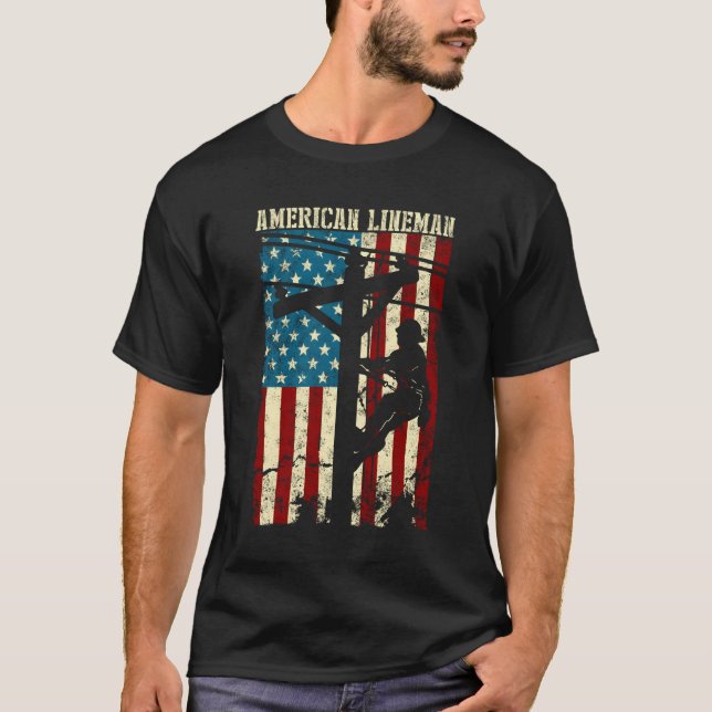 Camiseta Lineman American Flag Electric Cable Gift Patrioti (Frente)