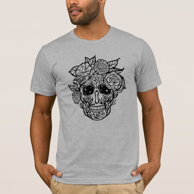 Camiseta Linha Negra Desenhada Crânio Floral Negro e Branco (Frente)
