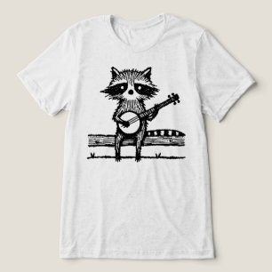 Camiseta Linocut Vintage Guaxinim Sentado no Cerca Tocando