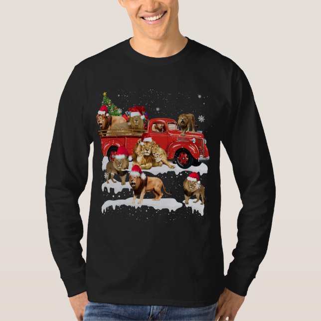 Camiseta Lion Riding Red Truck Feliz Natal X mas Ugly G (Frente)