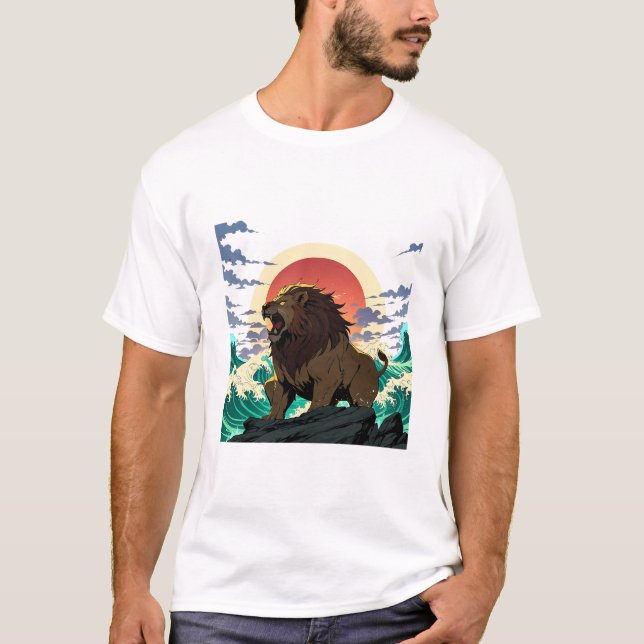 Camiseta Lion Wave Art - Ukiyo-e Sunset Design (Frente)