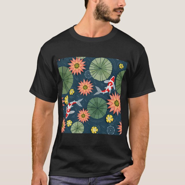 Camiseta Lírios de água e peixes koi (Frente)