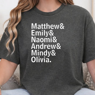 Camiseta Lista de Nomes de Família Personalizados Texto Div