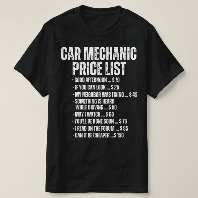 Camiseta Lista de Preços Mecânicos dos Automóveis Engraçado (Frente do Design)