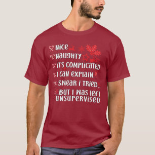 Camiseta Lista Divertida de Natal Bom e Travesso Papai Noel