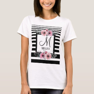 Camiseta listras brancas e pretas clássicas monograma flor