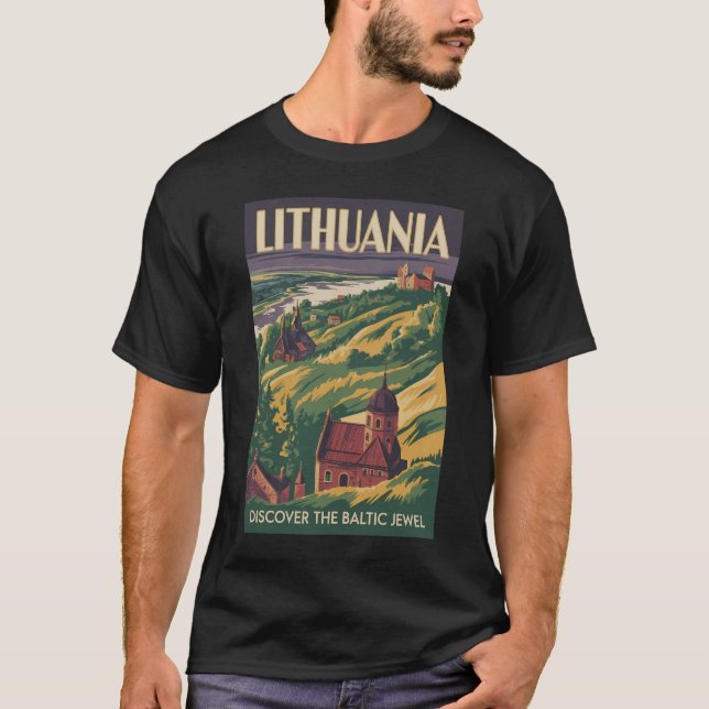 Camiseta Lithuania Landscape Illustration Travel Art Retro (Frente)