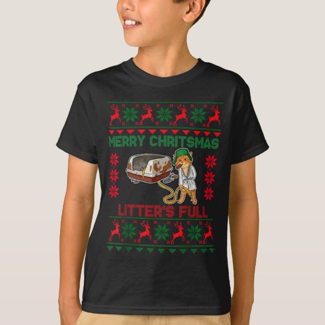 Camiseta Litter's Full Merry Christmas Funny Cat Lover Ugly (Frente)