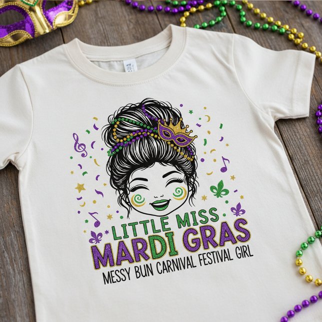 Camiseta "Little Miss Mardi Gras" , Messy Bun Carnival  (Criador carregado)