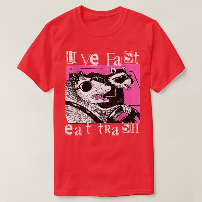 Camiseta Live Fast Eat Trash Tee Funny Possum Racoon Retro  (Frente do Design)
