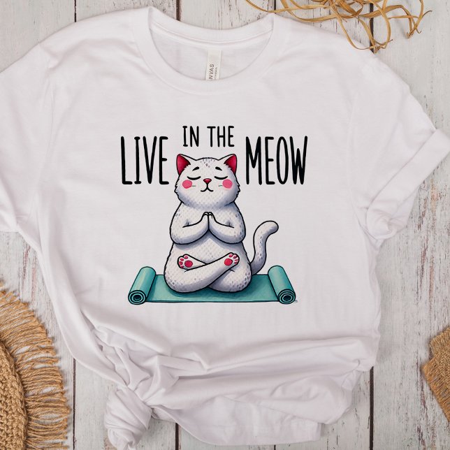 Camiseta "Live in the Meow" Engraçados amantes de gatos ("Live in the Meow" Funny Cat Lovers Tri-Blend Shirt on a desk with boho decoration)