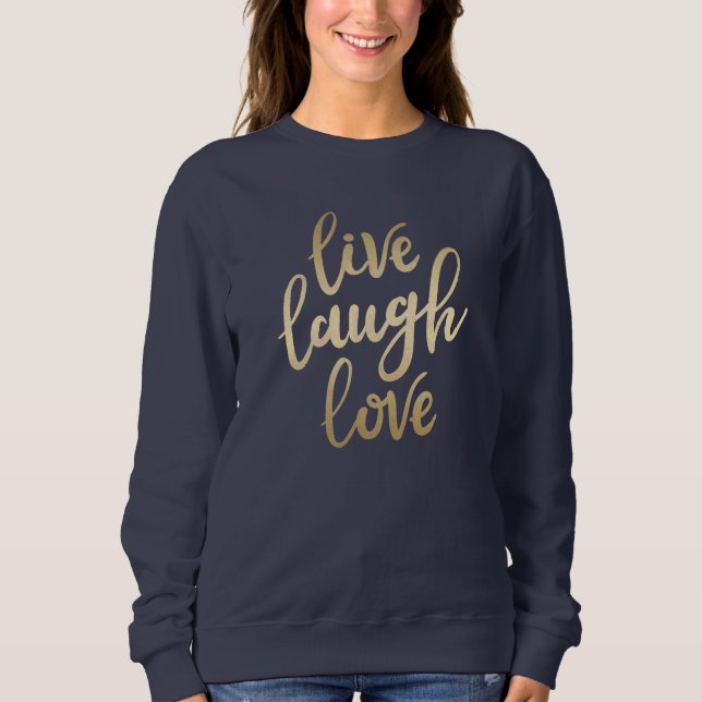 Camiseta Live Laugh Love Faux Letra Dourada Marinho Azul (Frente)