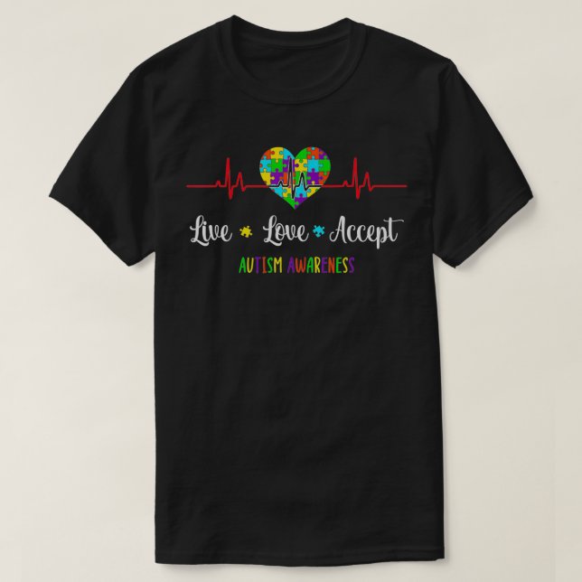 Camiseta Live Love Accept Autism Awarness Hearbeat Blue A (Frente do Design)