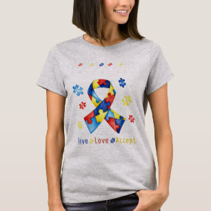Camiseta Live, Love, Accept, Autismo Sensibilização, Auti
