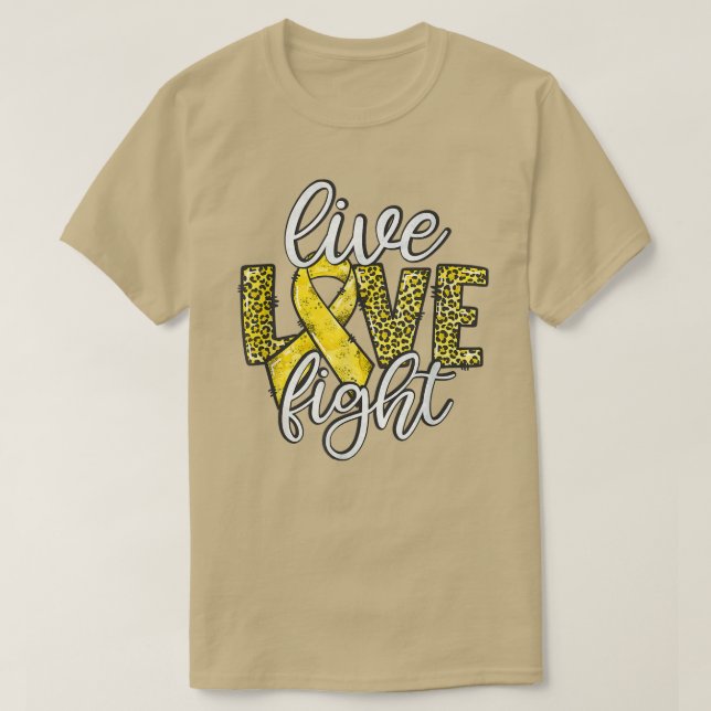 Camiseta Live Love Fight Dourada Ribbon Chilhood Cancer Sur (Frente do Design)