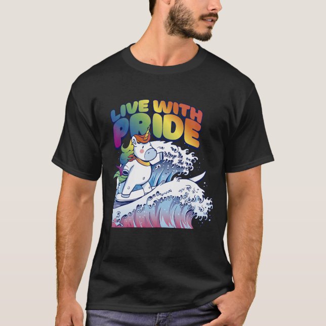 Camiseta Live with Pride Unicorn Surfing (Frente)