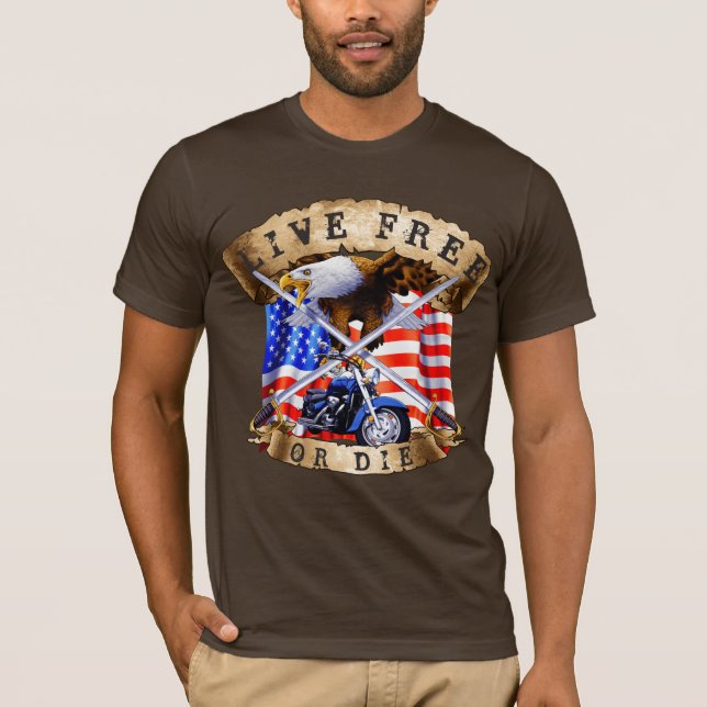 Camiseta Livres ou Mortas, Patriota de Motocicleta, Águia, (Frente)